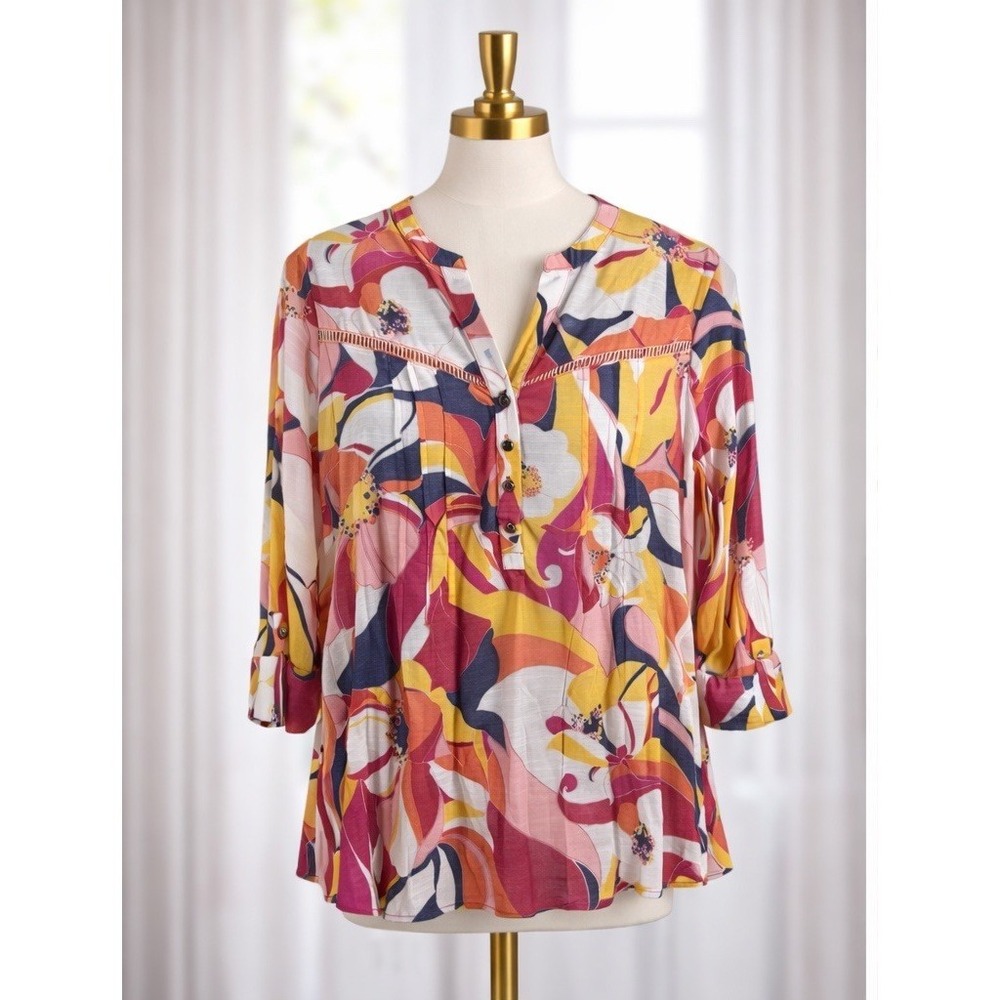 Ava & Grace Popover Top Y Neckline 3/4 Sleeve Vibrant Flowy Artsy Office XL